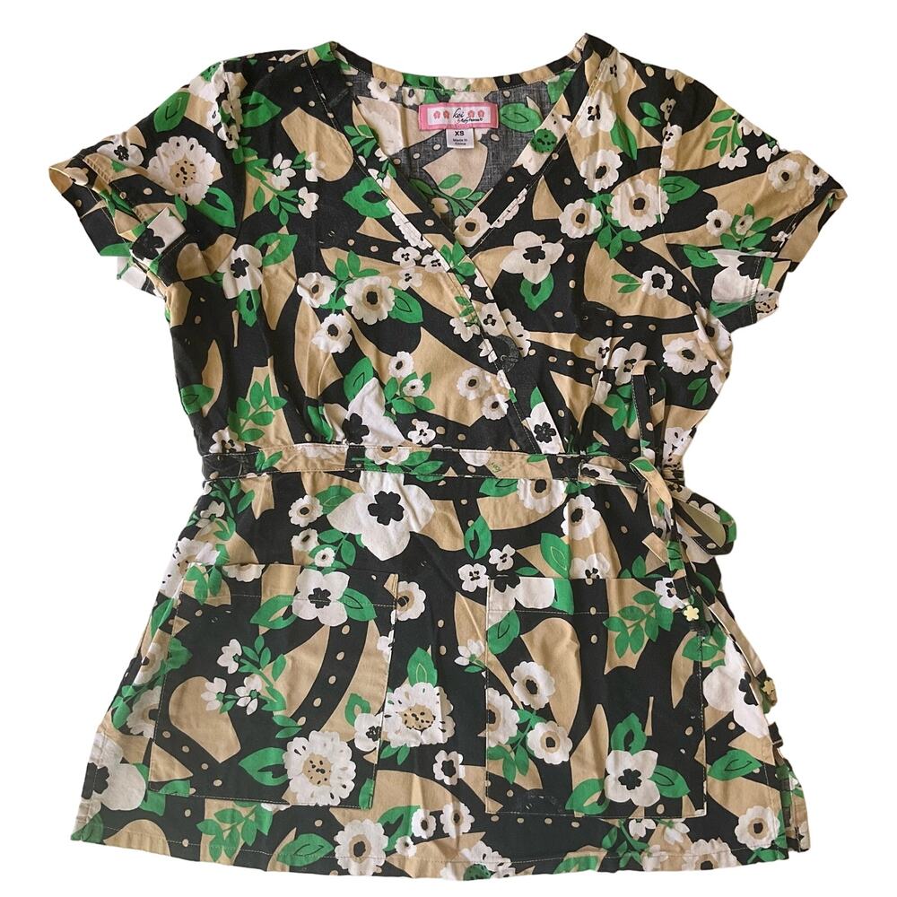 Kai Women’s Short Sleeve V-neck Floral Nurse Shirt size XS, Black Green Beige